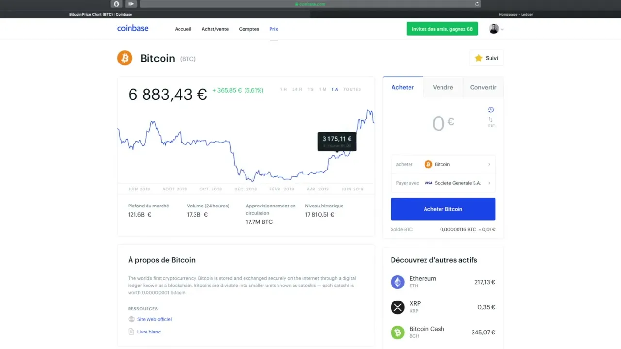 Interface de Coinbase pour acheter du Bitcoin