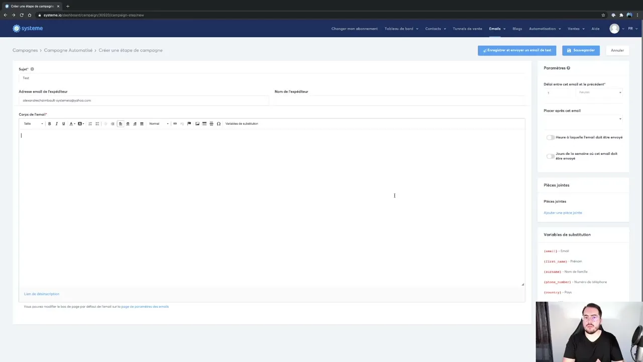 Rédaction d'un email et configuration du sujet sur Systeme.io