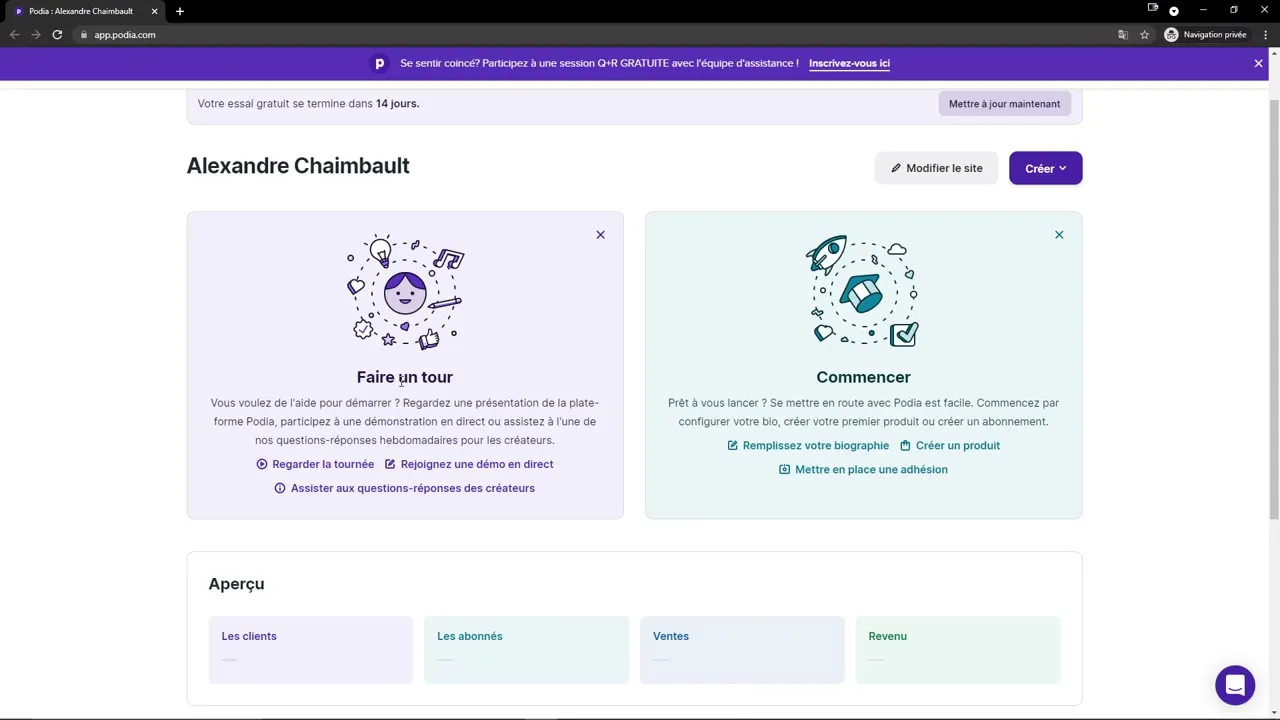 Inscription et configuration initiale de Podia