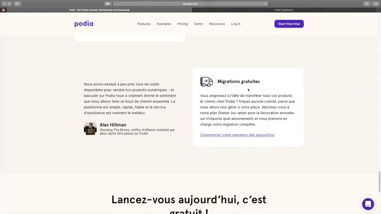 Interface et tableau de bord de Podia