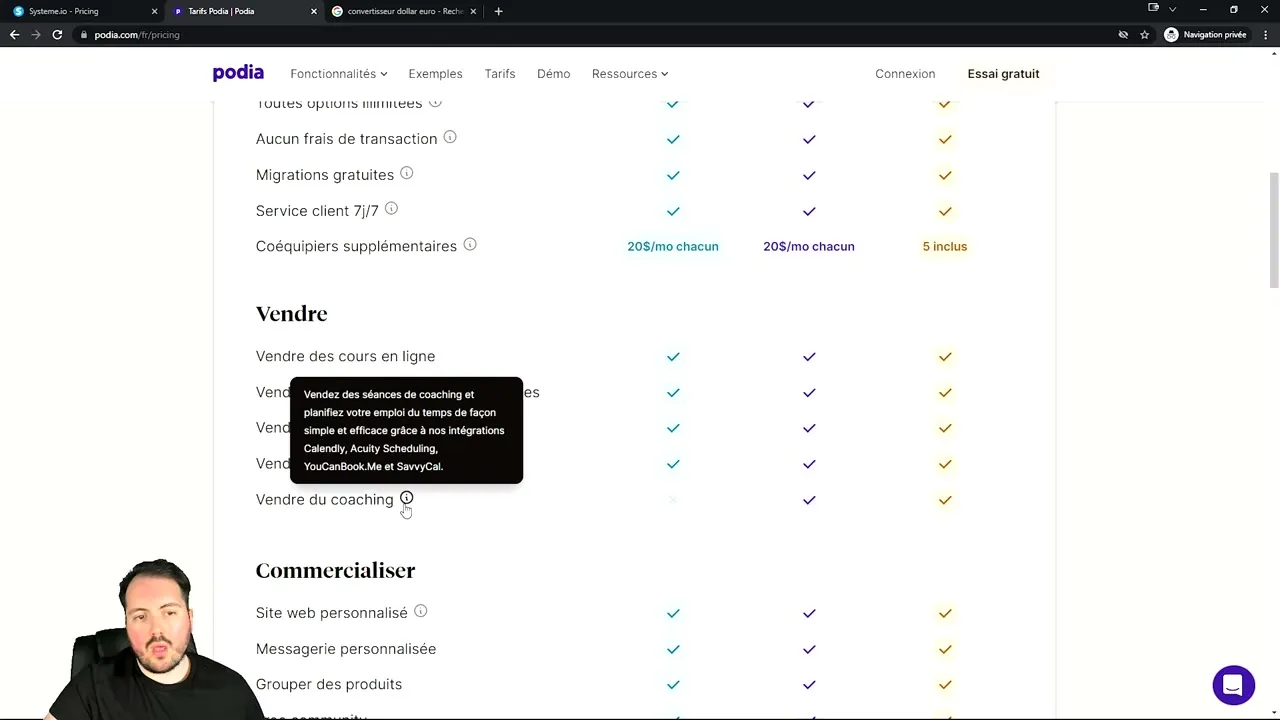 Tableau comparatif des tarifs Podia vs Systeme.io