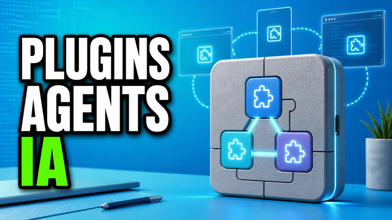 Miniature éditoriale cyan montrant un module logiciel central relié à des interfaces simplifiées, avec le texte « PLUGINS AGENTS IA ».