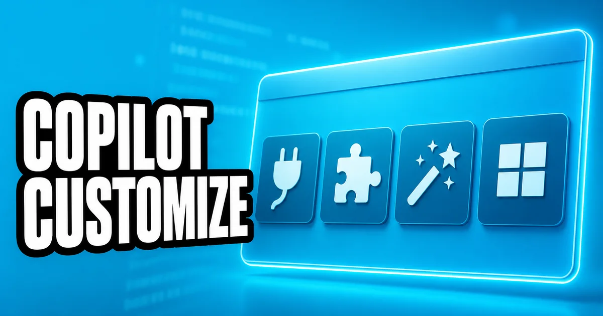 Interface abstraite de personnalisation d’un assistant de code, sur fond cyan, avec le texte Copilot Customize.