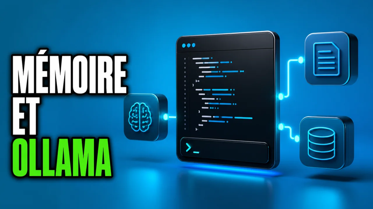 Miniature éditoriale cyan montrant une interface de développement abstraite reliée à des blocs de contexte et un terminal local, avec le texte « MÉMOIRE ET OLLAMA ».