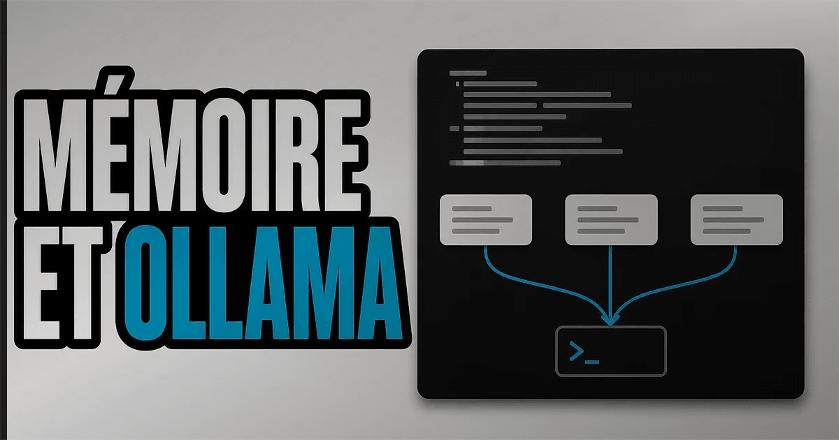Miniature abstraite montrant une fenêtre de développement reliée à des blocs de contexte et un terminal local, avec le texte Mémoire et Ollama.
