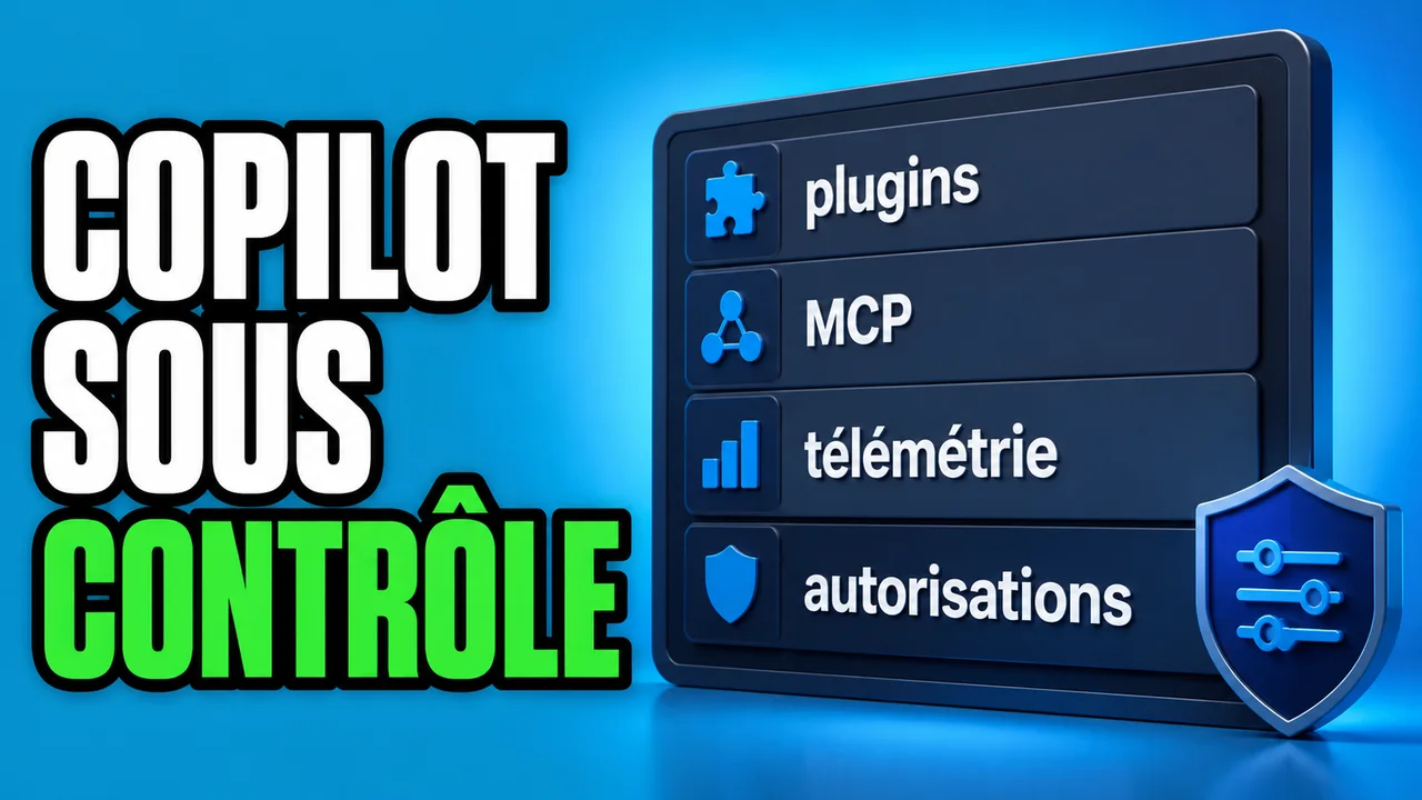 Interface abstraite de réglages d’entreprise pour environnement de développement, avec options plugins, MCP, télémétrie et autorisations, sur fond cyan.