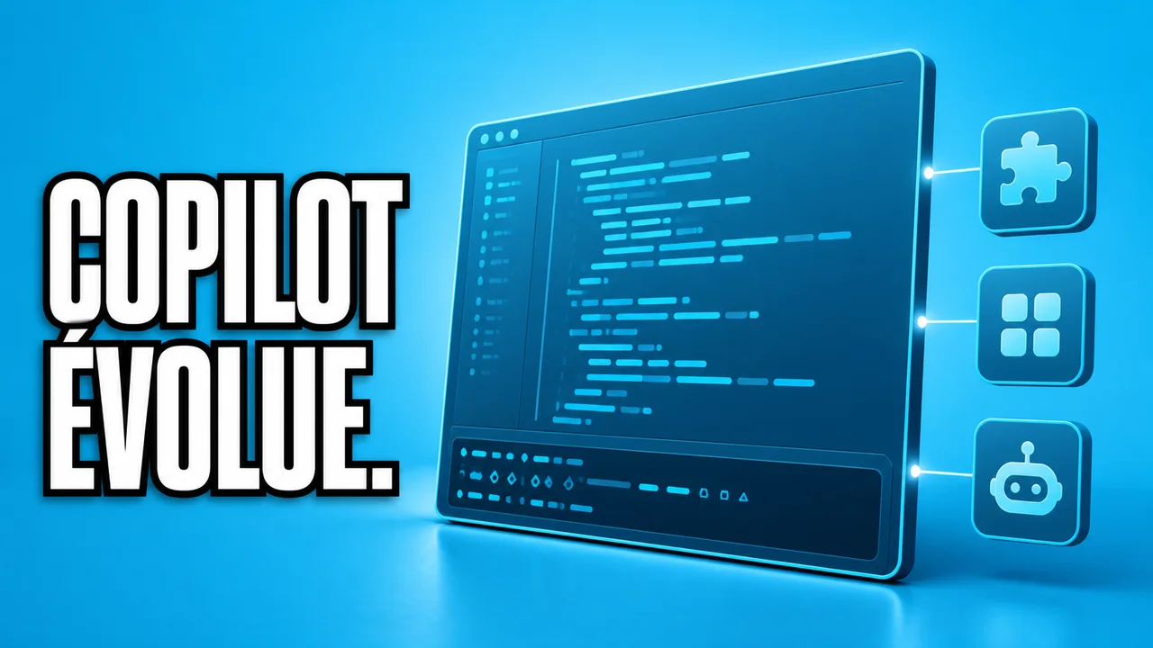 Illustration éditoriale cyan d’un espace de développement simplifié avec éditeur de code, terminal et modules de plugins reliés, accompagnée du texte Copilot évolue.