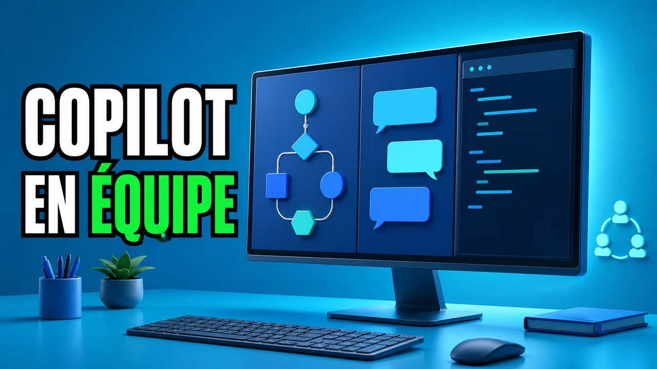 Poste de travail de développeur stylisé sur fond cyan, avec panneaux abstraits d’agent, conversation d’équipe et terminal, accompagné du texte « Copilot en équipe ».