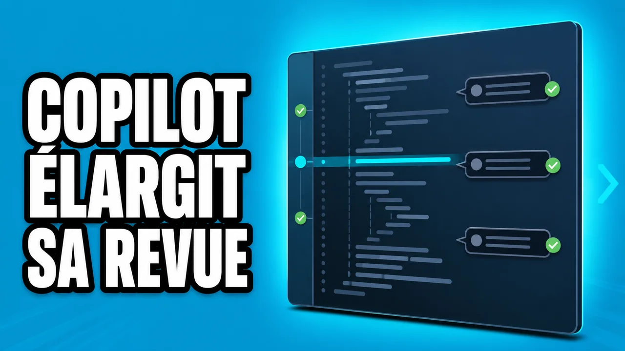 Miniature éditoriale montrant une interface abstraite de revue de code pour une grande pull request, avec commentaires et résolutions, sur fond cyan.