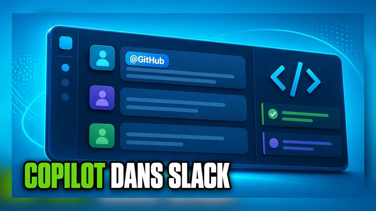 Illustration d’une équipe utilisant GitHub Copilot depuis une conversation Slack pour suivre une tâche de code.