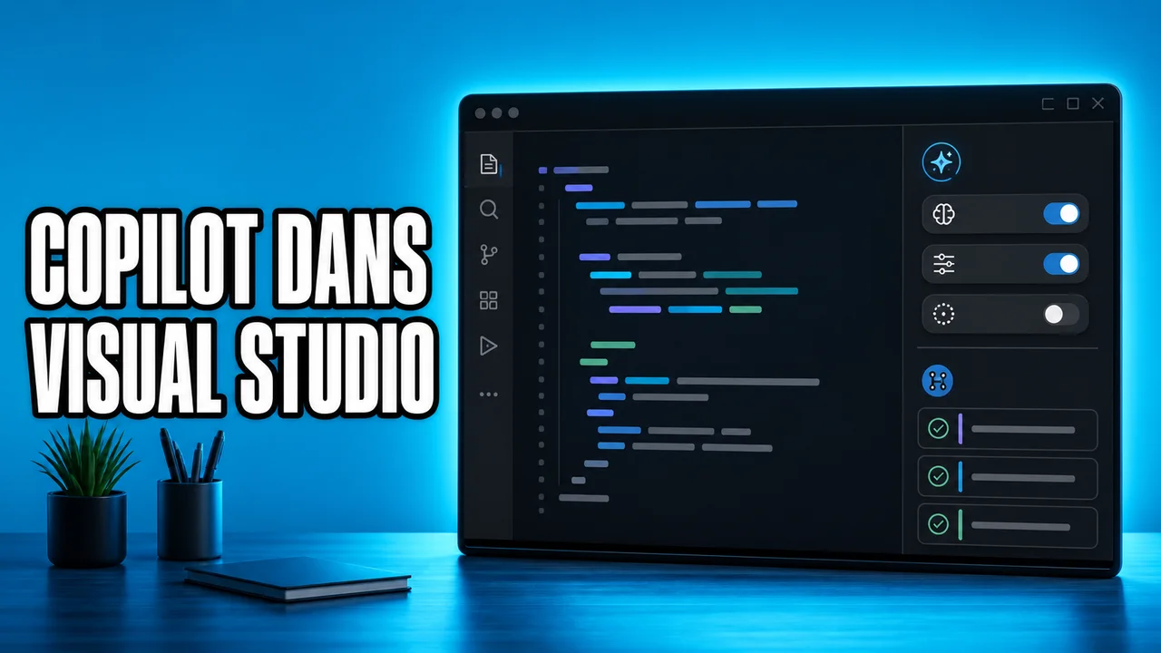 Miniature éditoriale cyan montrant un éditeur de code sombre avec panneau Copilot simplifié et suggestions de revue Git, accompagnée du texte « Copilot dans Visual Studio ».