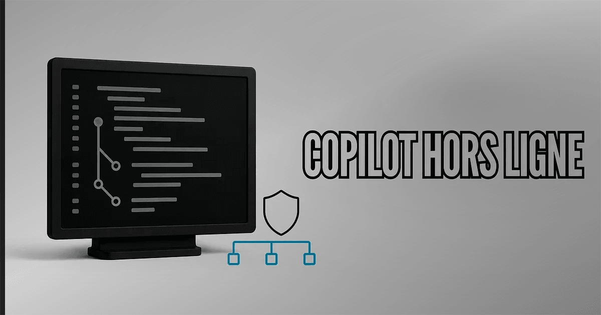 Miniature éditoriale montrant un terminal abstrait, un bouclier discret et un réseau local schématique pour illustrer Copilot en environnement isolé.