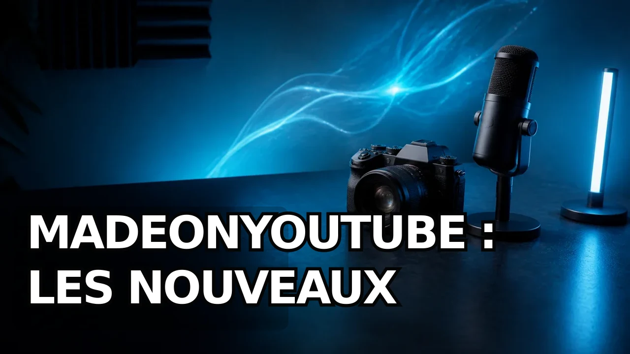 Fond photoréaliste 16:9 d’un bureau de créateur non marqué, avec caméra et microphone, éclairage bleu cyan abstrait inspiré de l’IA et espace sombre vide en bas à gauche.