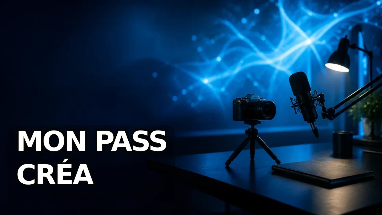 Fond photoréaliste bleu d’un bureau de créateur non marqué avec caméra, microphone et lumière abstraite, avec espace sombre vide en bas à gauche.