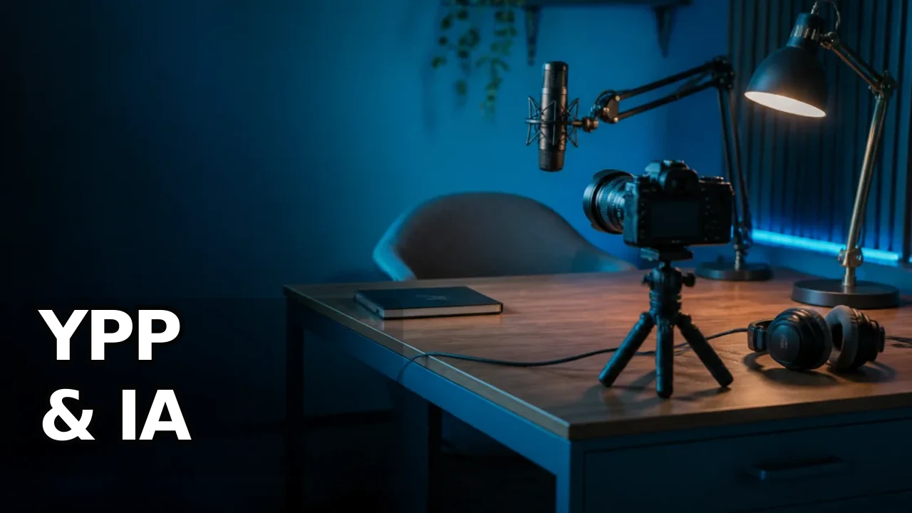 Studio de créateur photoréaliste aux dominantes bleu cyan, avec caméra sans marque, microphone sur bras et bureau de montage, espace sombre libre en bas à gauche.