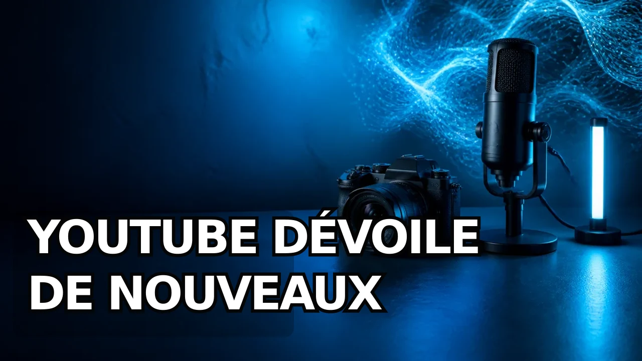 Fond photoréaliste 16:9 d’un bureau de créateur non marqué, avec appareil photo, microphone et lumière abstraite évoquant l’IA, dominé par des tons bleu cyan, avec une zone sombre vide en bas à gauche.