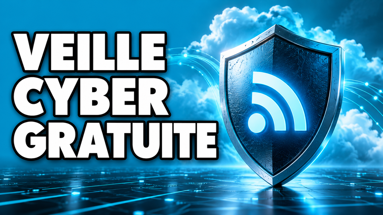 Bouclier et symbole RSS génériques sur fond cyan, texte Veille cyber gratuite