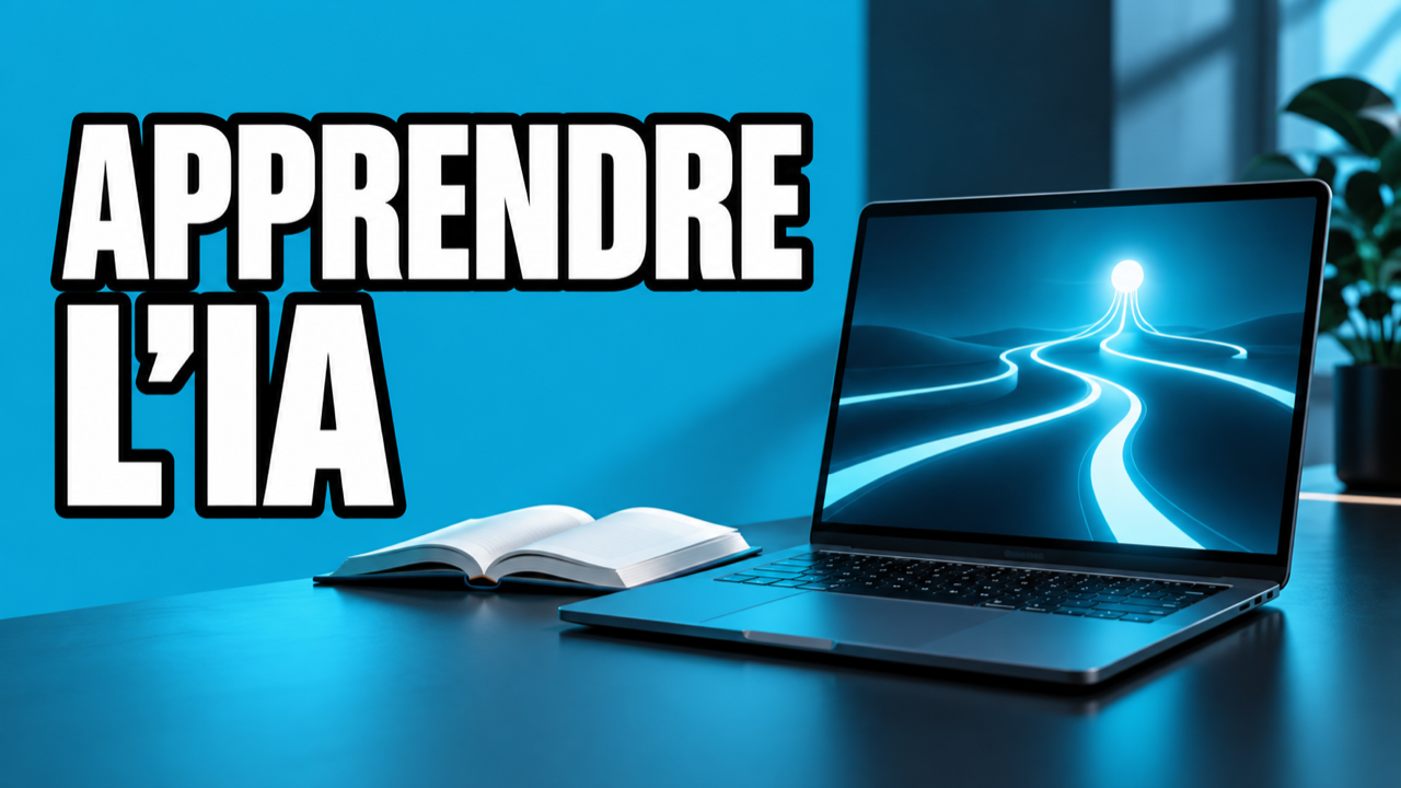 Illustration conceptuelle cyan d’un ordinateur et d’un livre, avec le texte Apprendre l’IA.