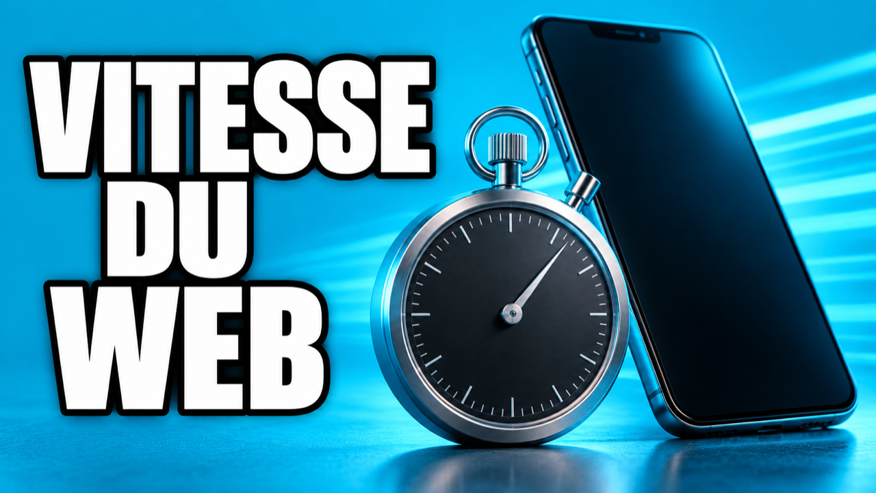 Smartphone sans interface et chronomètre sans chiffres sur fond cyan, illustrant la vitesse du web