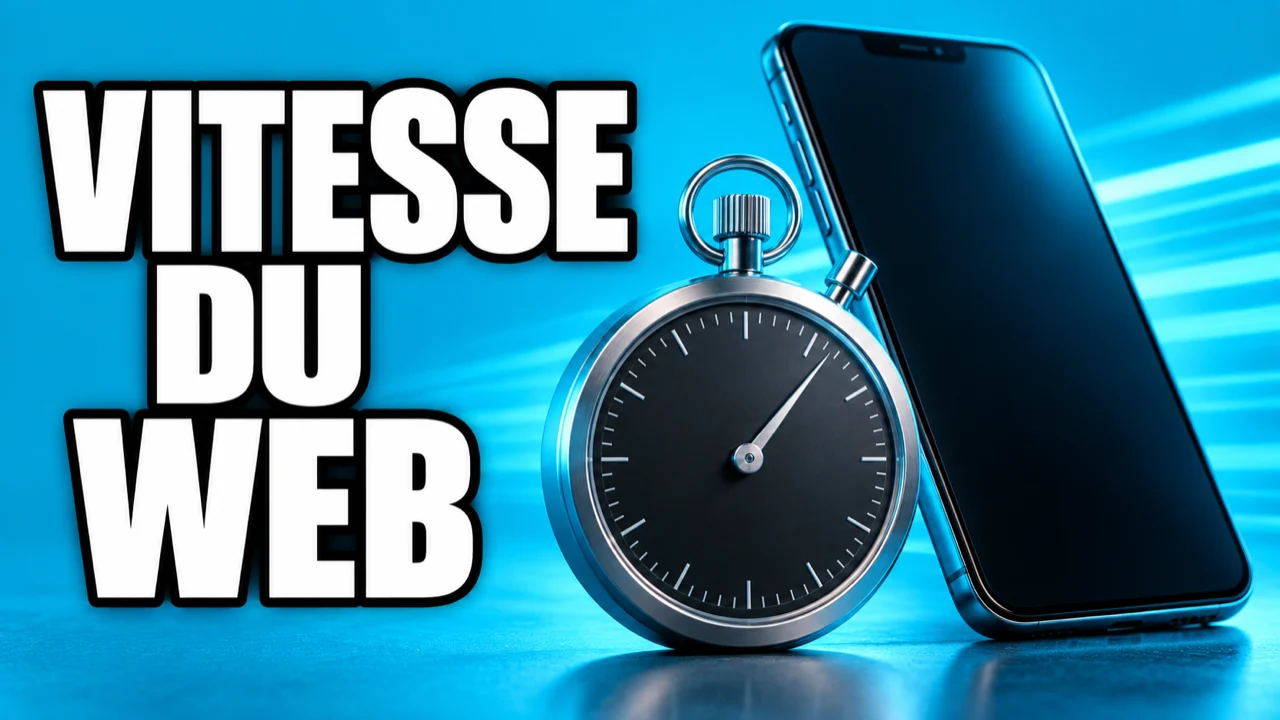 Smartphone sans interface et chronomètre sans chiffres sur fond cyan, illustrant la vitesse du web
