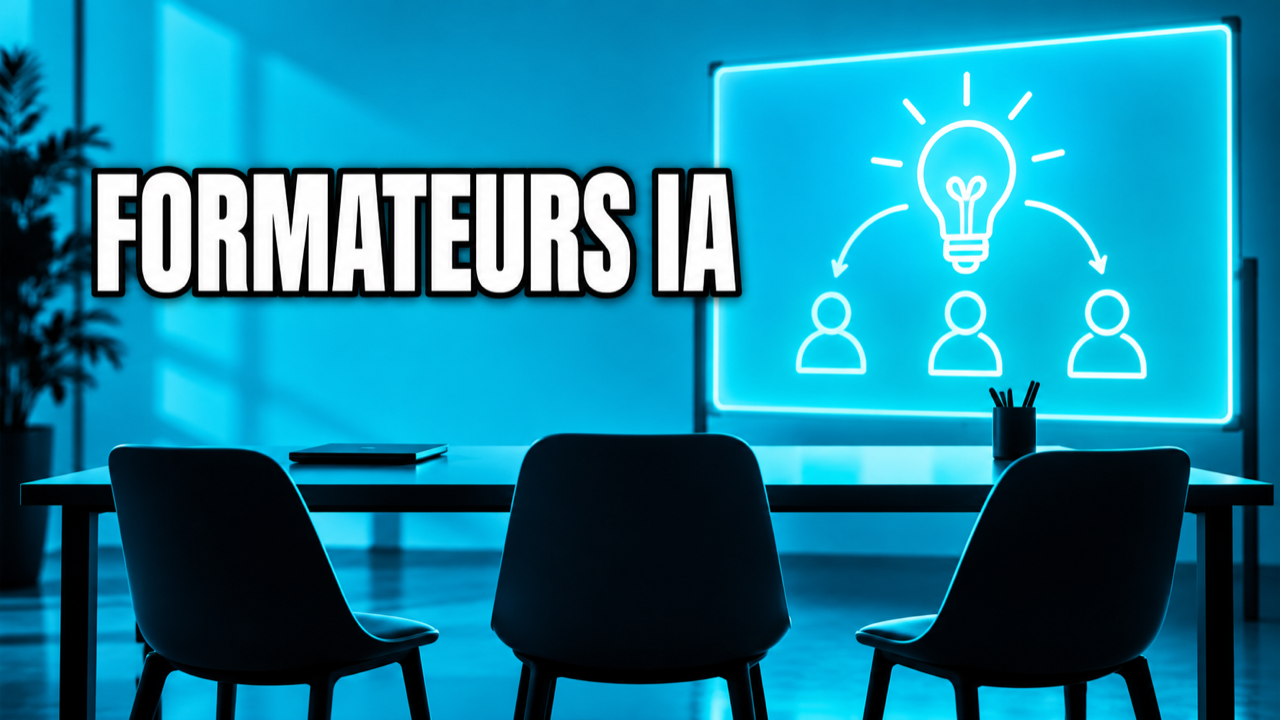 Illustration cyan d’une salle d’atelier, avec le texte « FORMATEURS IA » et un schéma générique de transmission.