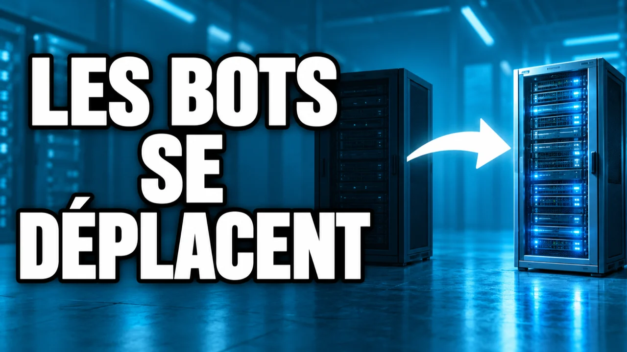 Illustration générique de serveurs et d’une flèche, texte Les bots se déplacent.