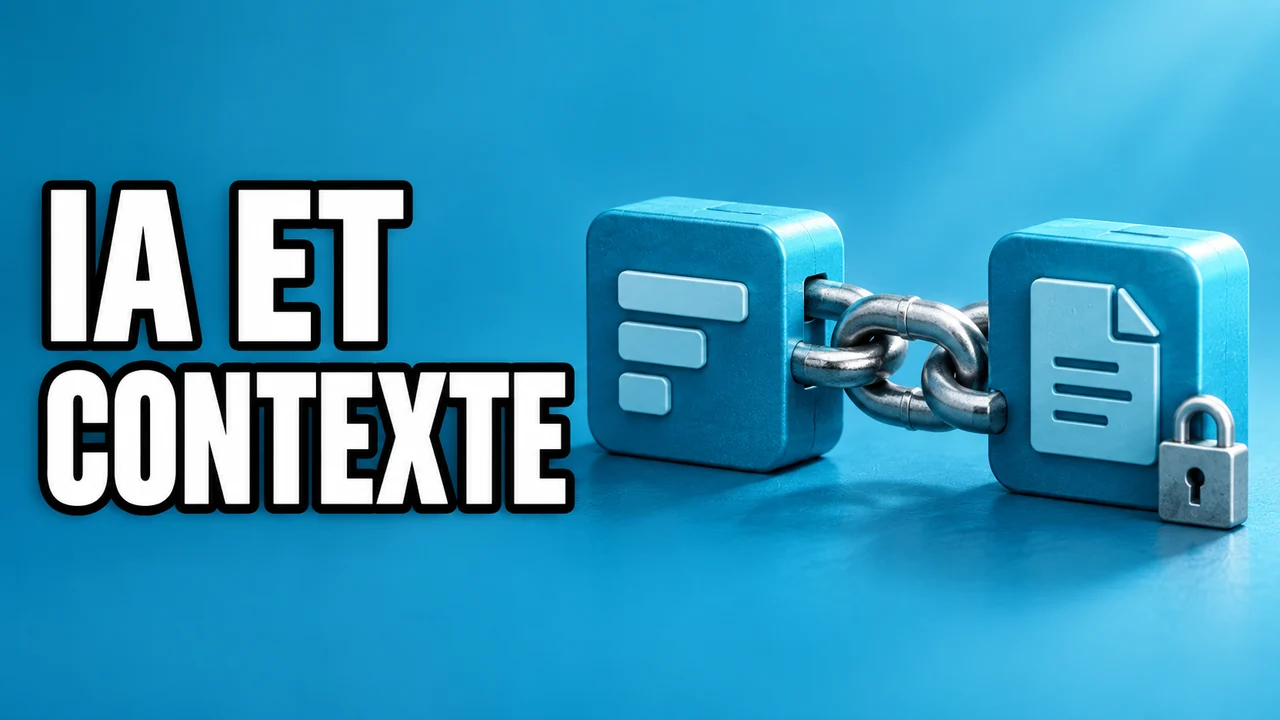 Deux blocs cyan liés par une chaîne et un cadenas symbolisent le contexte d’entreprise sous permissions.
