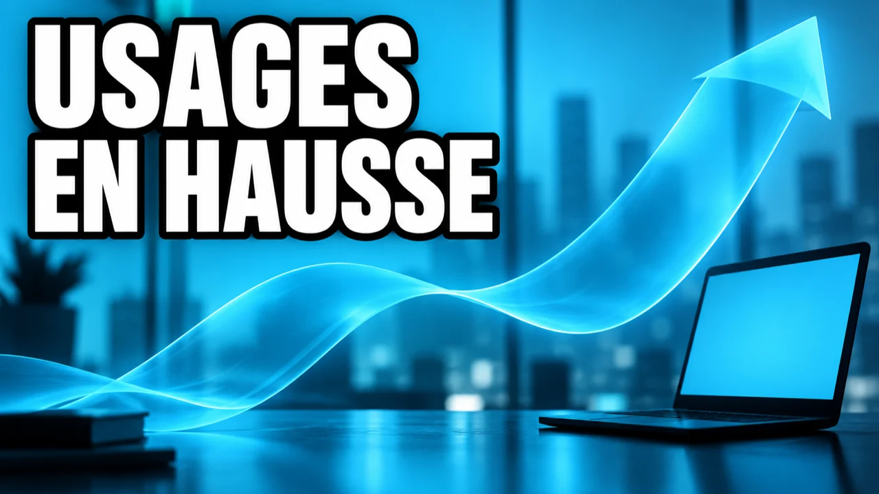 Illustration conceptuelle cyan d’une progression des usages numériques, avec le texte USAGES EN HAUSSE et un ordinateur sans interface.