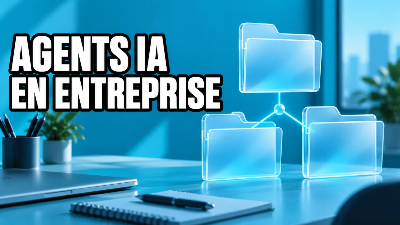 Illustration cyan de dossiers génériques connectés : agents IA en entreprise