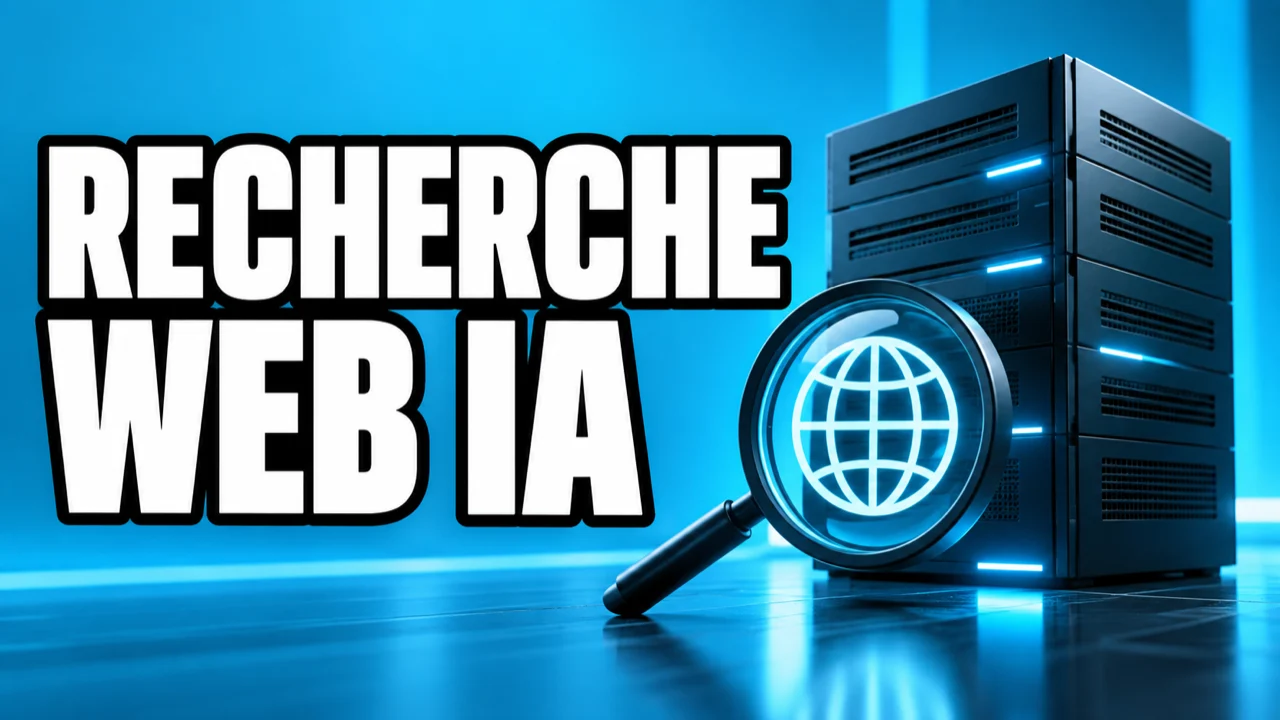 Recherche web IA : illustration conceptuelle d’un serveur sans marque et d’une loupe sur fond cyan