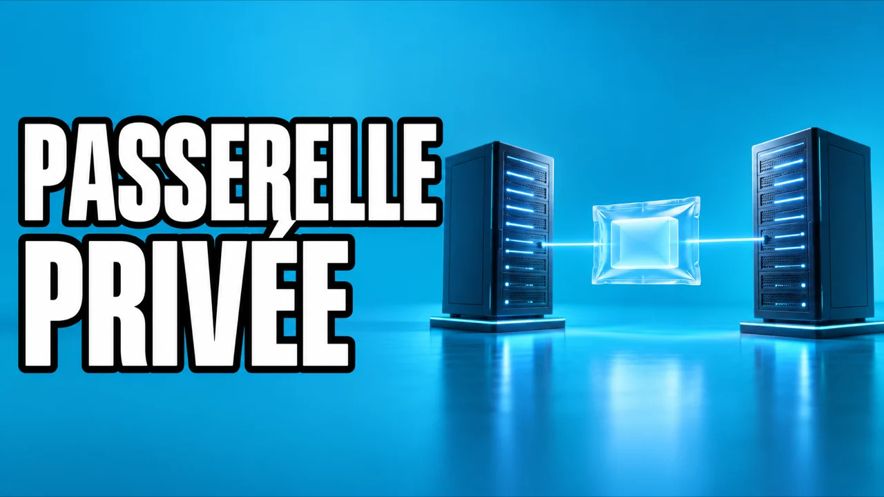 Illustration conceptuelle cyan d’un paquet fermé entre deux passerelles séparées, avec le texte Passerelle privée, sans logo ni interface.