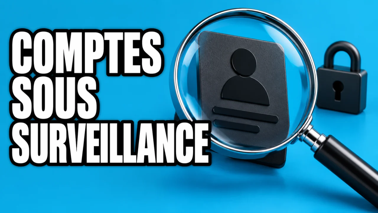 Illustration conceptuelle cyan d’une loupe devant une carte de compte générique, avec un cadenas et le texte Comptes sous surveillance.