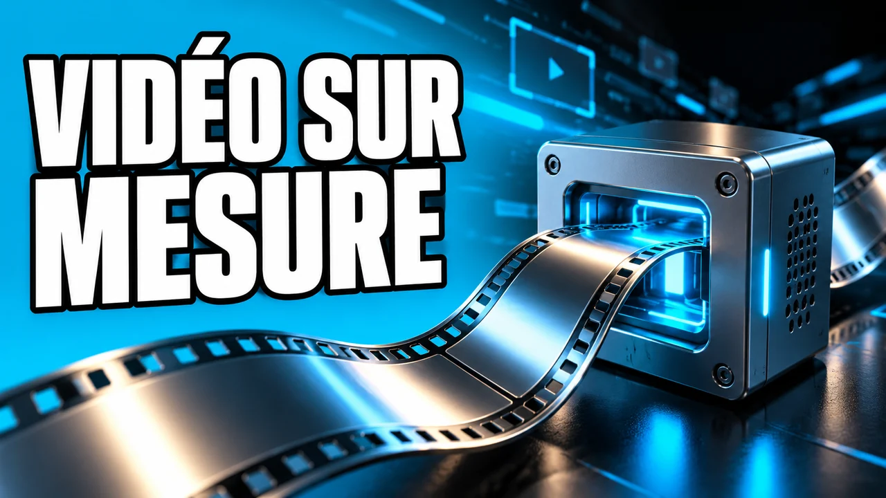 Illustration conceptuelle cyan d'une pellicule traversant un cube de traitement, avec le texte Vidéo sur mesure.