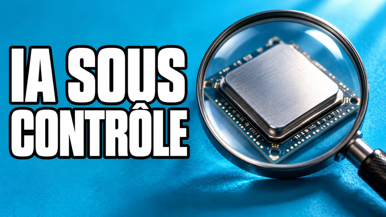 Une loupe examine une puce générique sur fond cyan, avec le texte IA sous contrôle