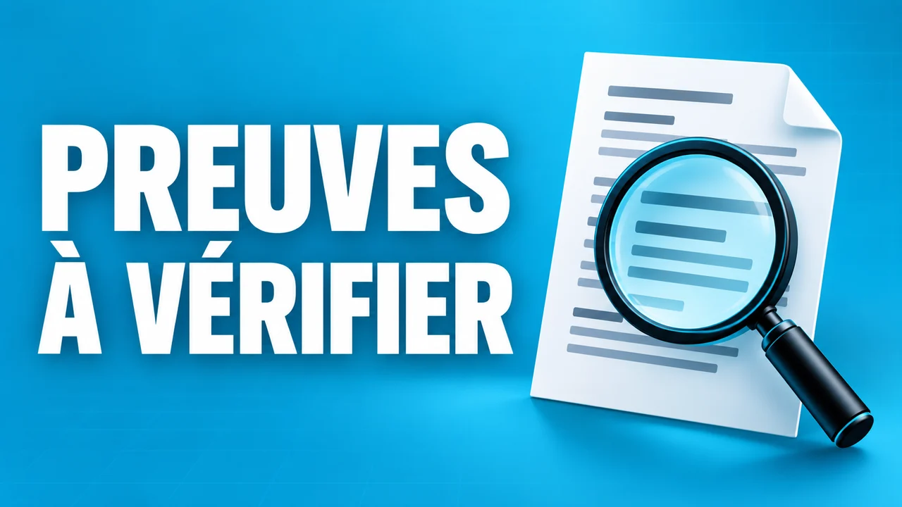 Preuves à vérifier : manuscrit générique et loupe sur fond cyan