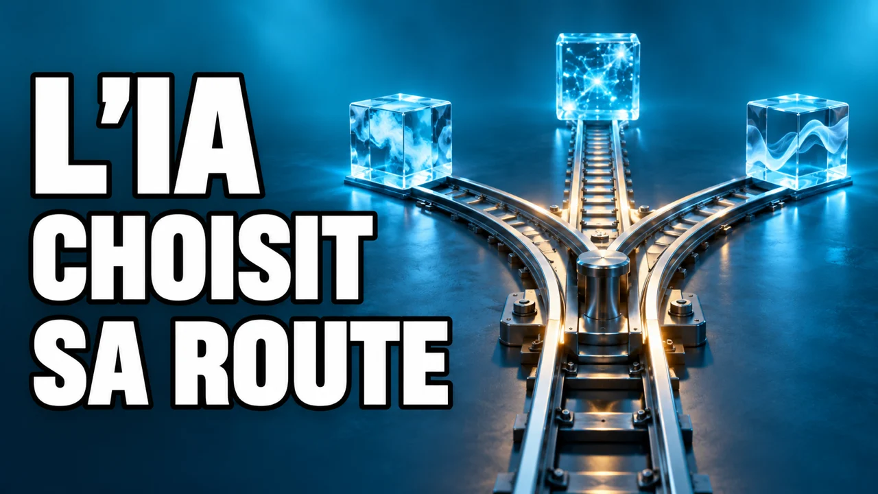Illustration cyan d’un aiguillage vers trois blocs abstraits, texte « L’IA choisit sa route ».
