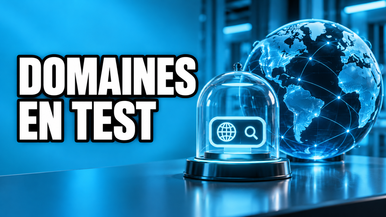 Illustration cyan d’un globe connecté et d’un objet sous cloche, avec le texte « Domaines en test ».